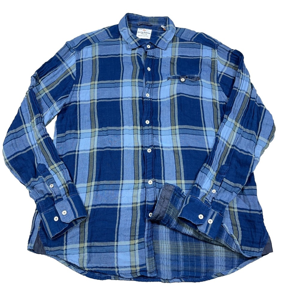 Tommy Bahama Flannel Shirt Men XL Blue Plaid Button Up Island Crafted Cotton